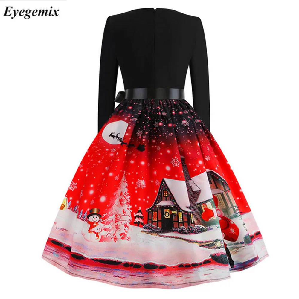 Vintage Print Christmas Dresses Women 