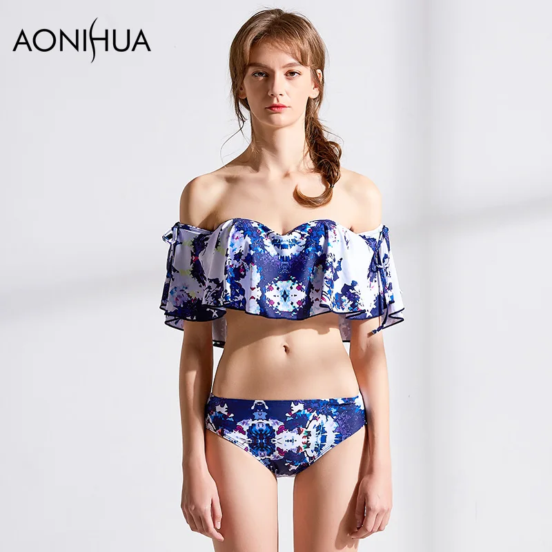 

AONIHUA Bikini Floral Printing Off Shoulder Sexy Ruffle Bikini New Summer Beachwear Bathing Women Surf Swimwear