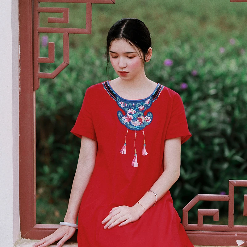 Линетт's chinoiseroy, летнее, дизайн, женское, китайский стиль, национальный тренд, вышивка, улучшенное, чонсам, хлопковое, льняное платье