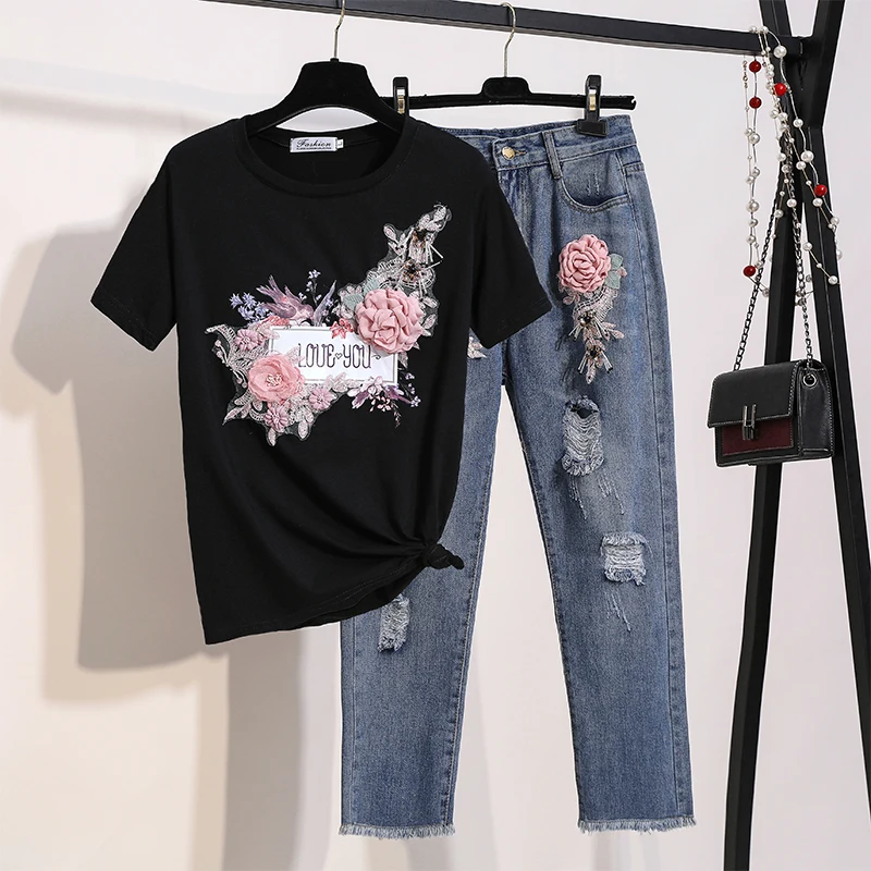 

New Women 3D Floral Appliques Looe T-shirts Denim Pants Sets Loose Tshirt+Ankle Length Hole Trousers 2PCS Suits for Female Woman
