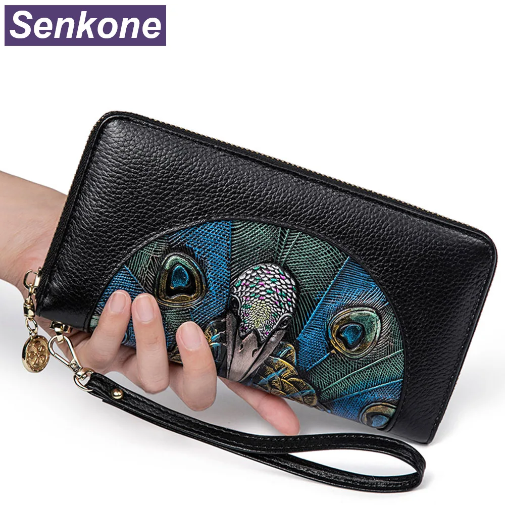 

Fashion Designer Women Wallets Genuine Leather Ladies Wallet Purse Peacock Print Card Holder Wallet Female Evening Bag Cluth