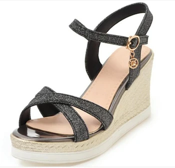 

Ladies Summer Shoes Woman Wedge Shiny Glitter Bride Wedding Zapatos Mujer Women Sandals Girls cross-tied Pumps Chaussure F181612