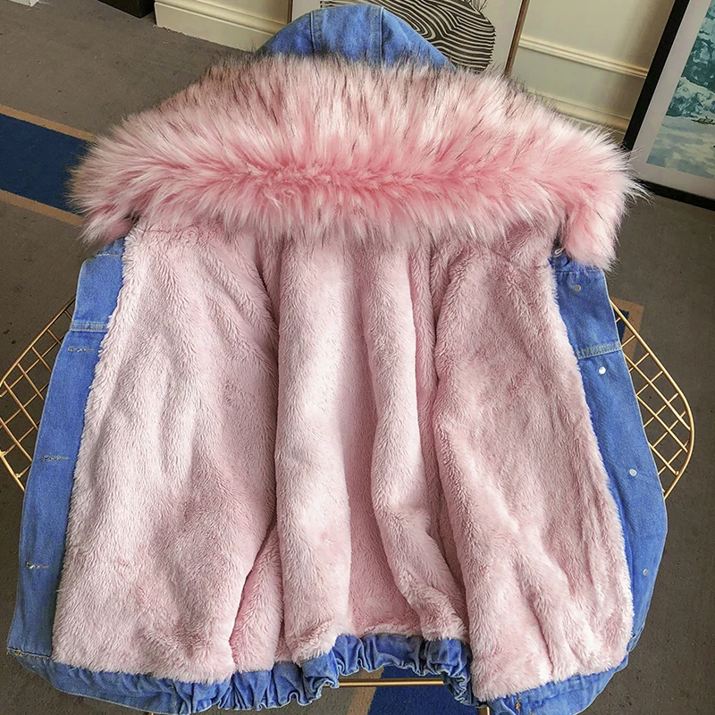 

winter jacket Big Fur Hooded Denim Parka Lamb Fur Warm Thick Winter Jacket Hooded Loose women's winter Jeans jacket student