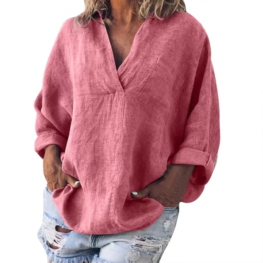 Женская мода увеличенный размер свободная чистая Повседневная льняная рубашка с v-образным вырезом с длинными рукавами - Цвет: Pink