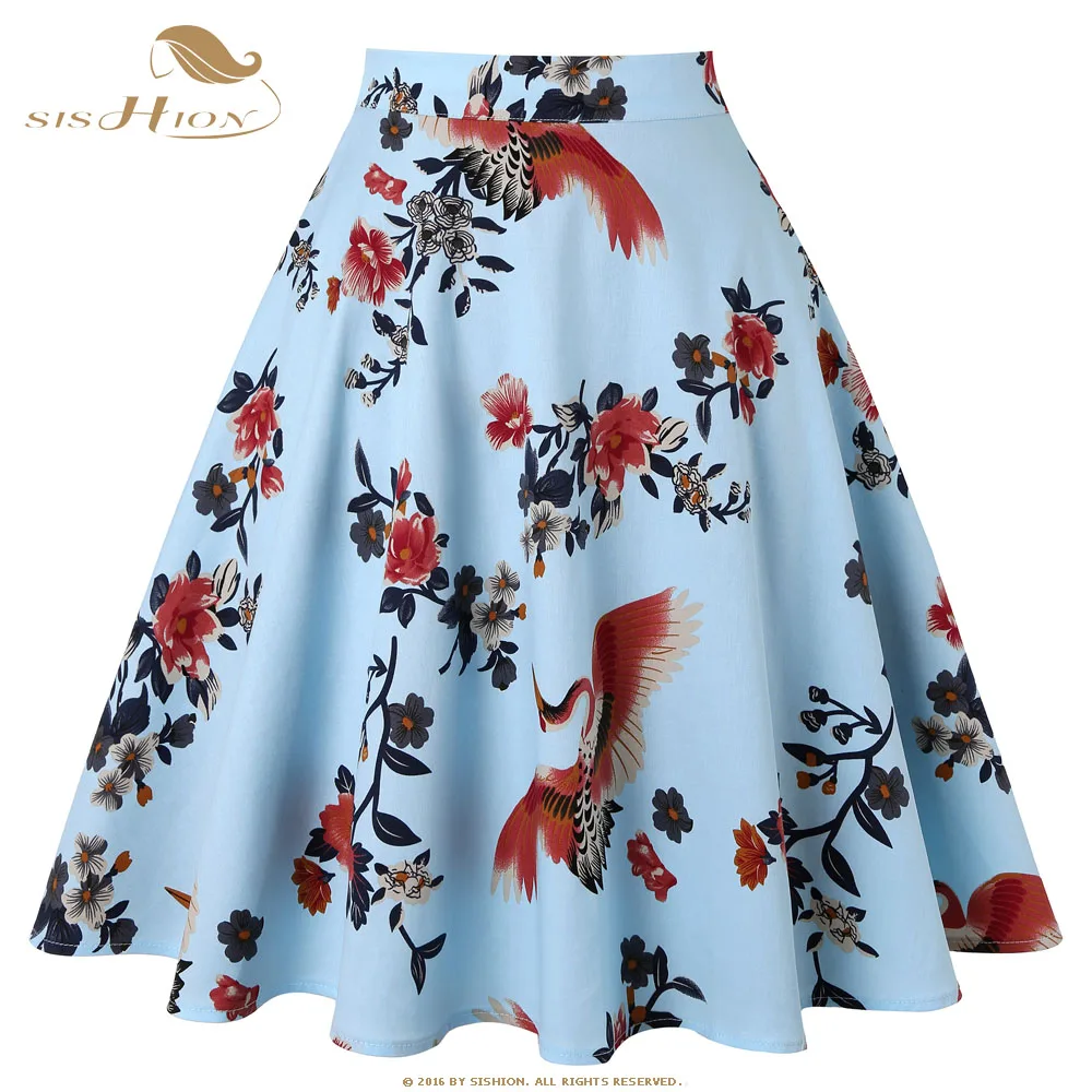 

SISHION Women Summer Skirt 2019 jupe femme VD0020 Ladies Birds Floral Print Sky Blue Black Swing Vintage Retro High Waist Skirt