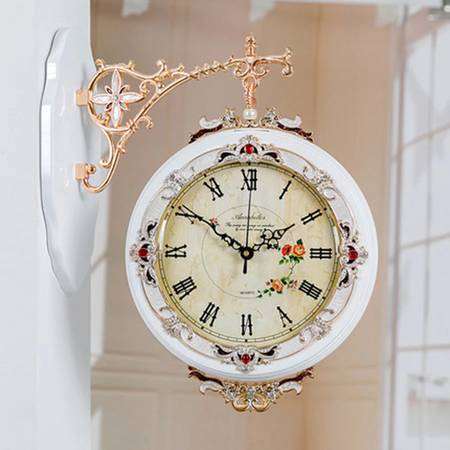 

Simple Marble Wall Clock Two Sides White Design Wall Watch Living Room Decoration Kitchen Saat Home Decoration Accessories B83