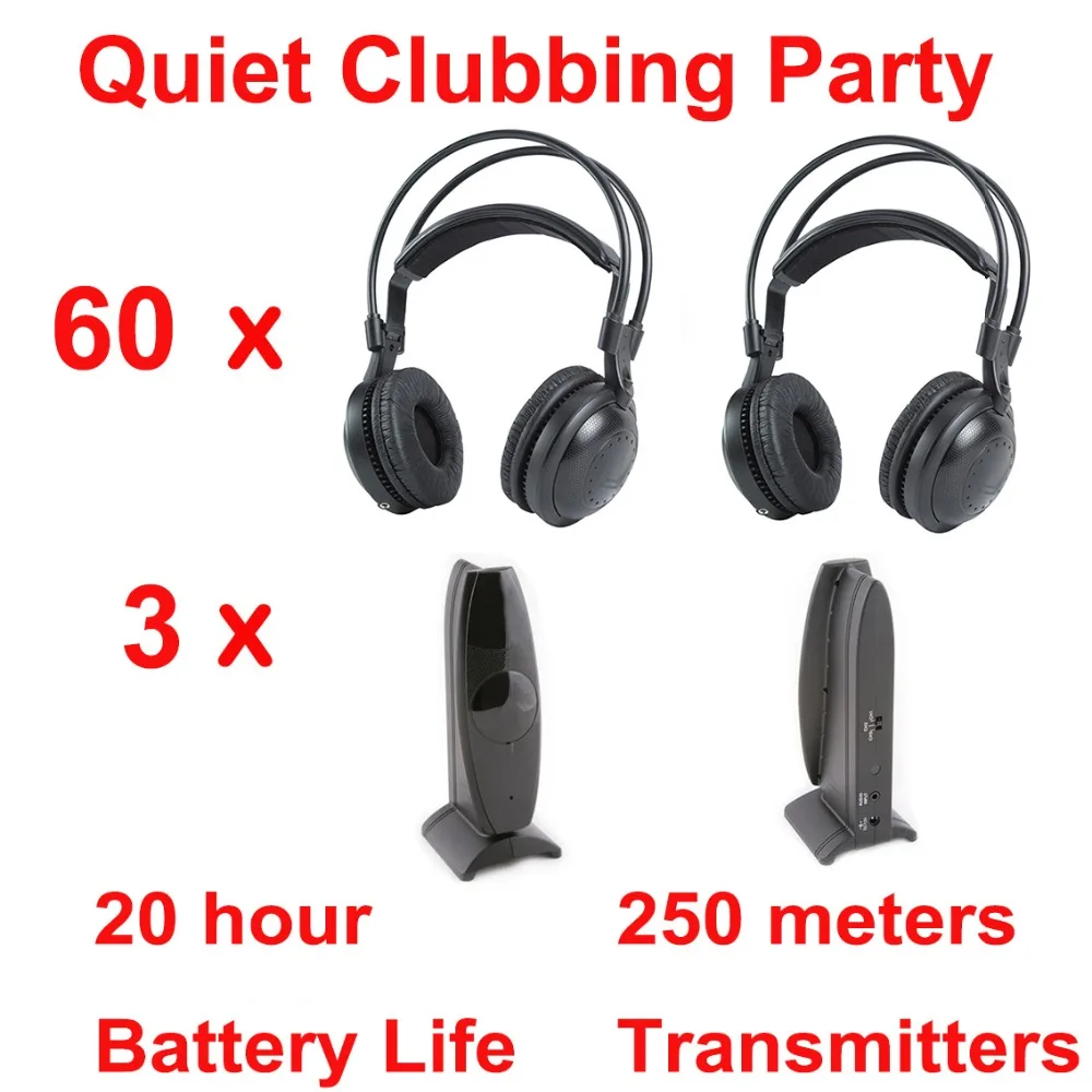 

Professional Silent Disco Compete System Wireless Headphones - Quiet Clubbing Party Bundle (60 Headsets + 3 Transmitters)