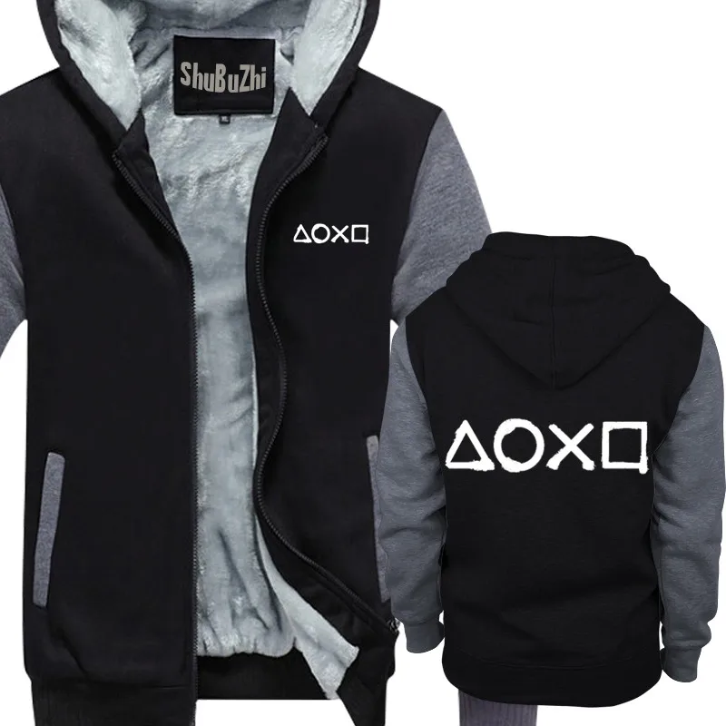 

Male Warm Sportwear Tracksuit Hoodie Clothes new men cotton hoodies Playstation Buttons casual hoodie thick fleece jacket
