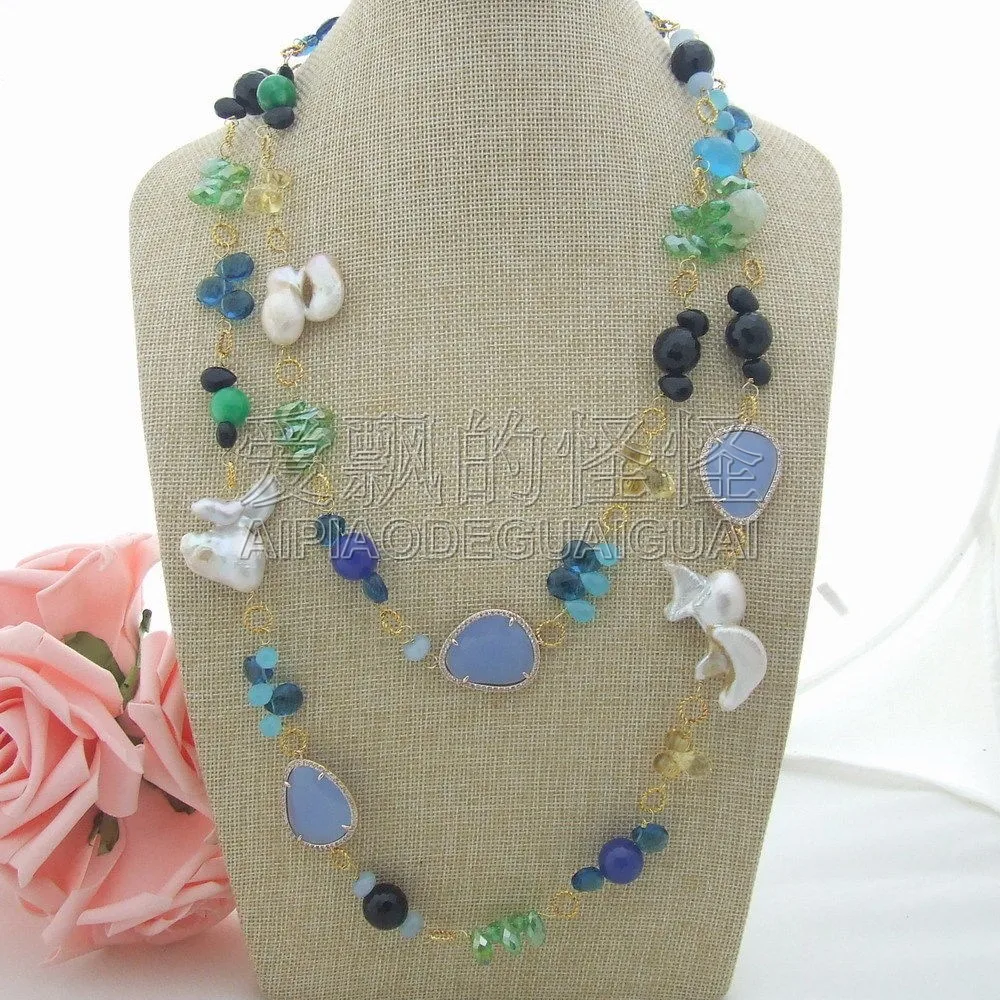 

Women's 46" Keshi Pearl Onyx Stone Crystal Long Necklace