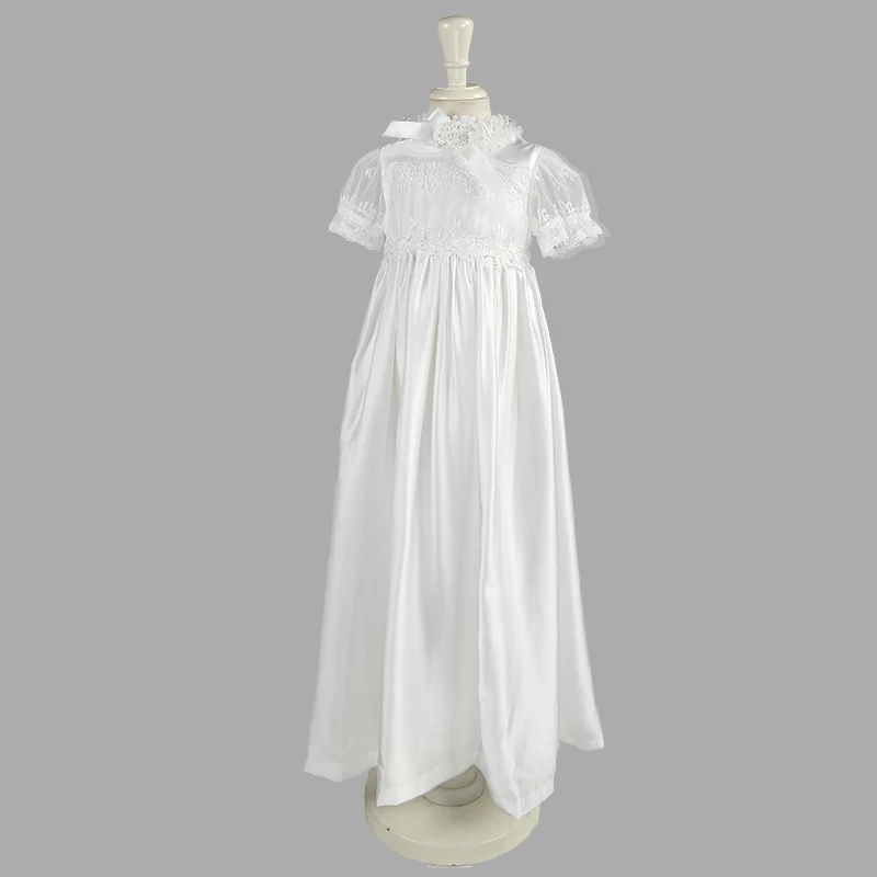 NIMBLE Baby Girl Newborn Christening Long Sleeves Lace Satin Gown Dress 0-9M White