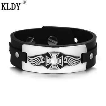 

KLDY Guardian Angel Wing Viking Pendant Steel Cross Magic Amulet White Simulated Cats Eye Adjustable Leather Bracelet men Wrist
