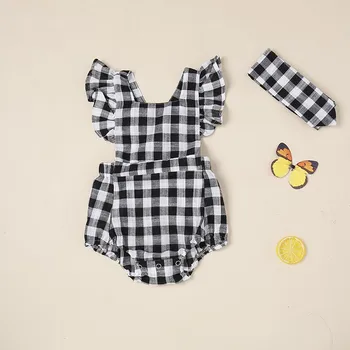 

Newborn Girls Rompers Set Summer Black And White Plaid Print Backless Rompers Jumpsuit With Headband