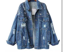 Women Autumn Loose Fashion Wild Bead Diamond Denim Jacket Cotton Casual Lapel Hole Denim Jacket