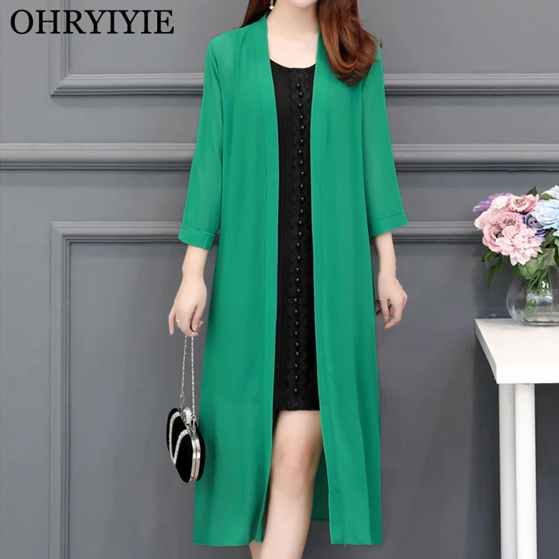 

OHRYIYIE 2019 Spring Summer Thin Chiffon Cardigan Sweater Women New Long Solid Color Cardigans Female Loose Bifurcation Sweaters