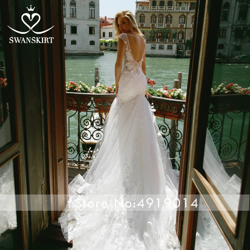 Swanskirt сексуальное свадебное платье русалки с открытой спиной модное платье невесты с круглым вырезом и аппликацией в виде часовни с шлейфом turry Robe de mariee BZ07