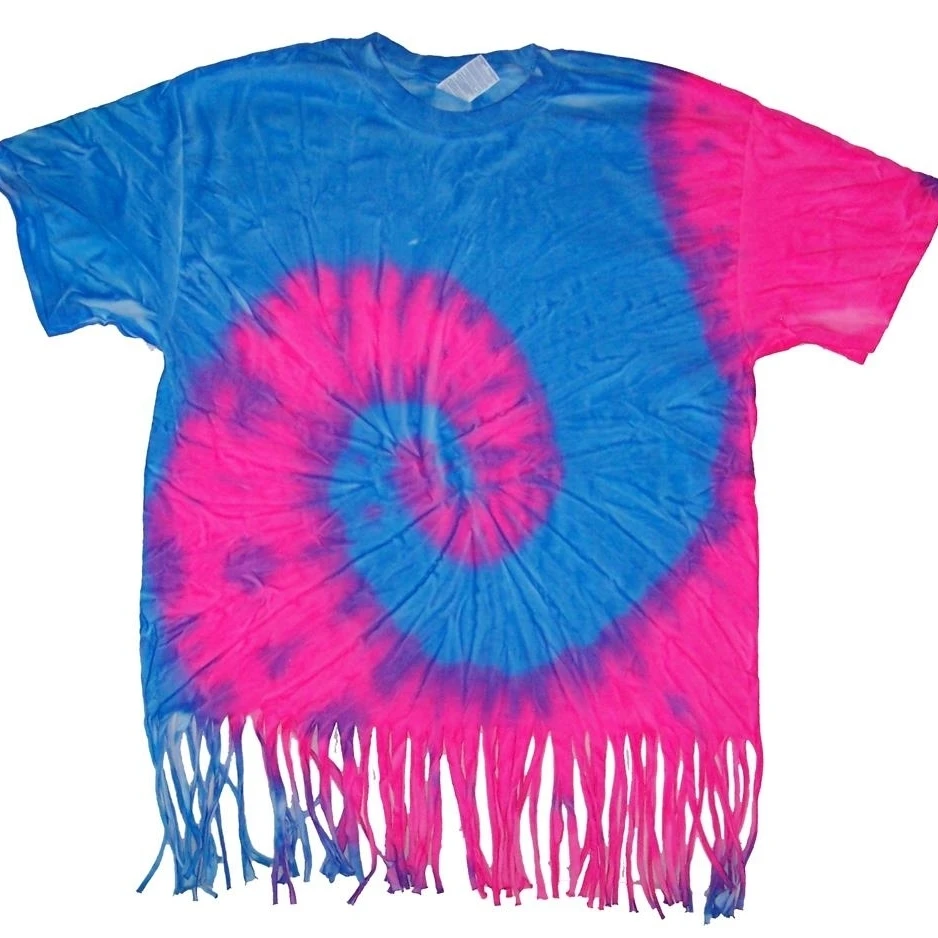 LG PINK & BLUE SWIRL FRINGED WOMENS TYE DYED T-SHIRT hippie tie die #F04 NEW