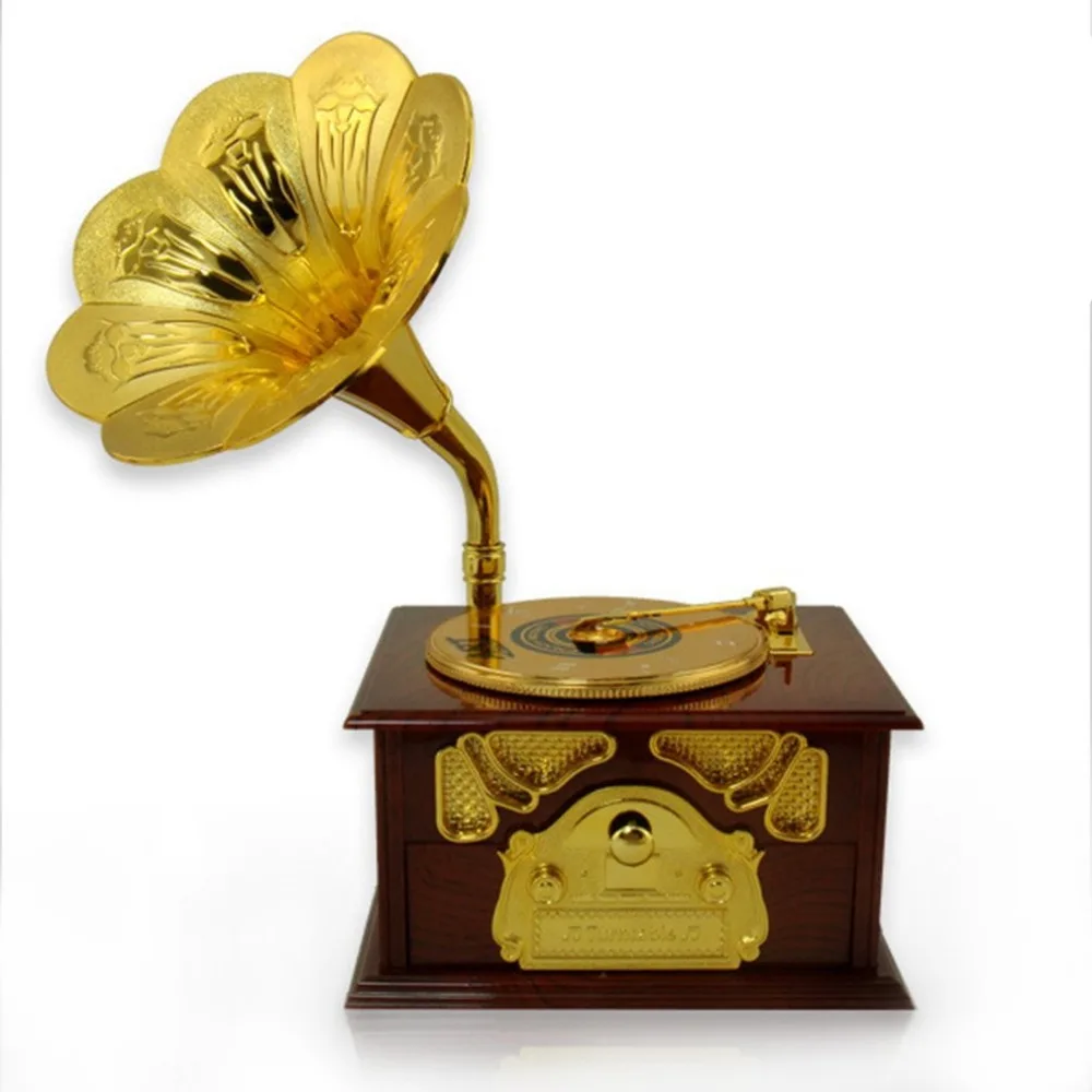 Gramophone Shaped Music Box Classic Vintage Birthday Gift Hand Crank