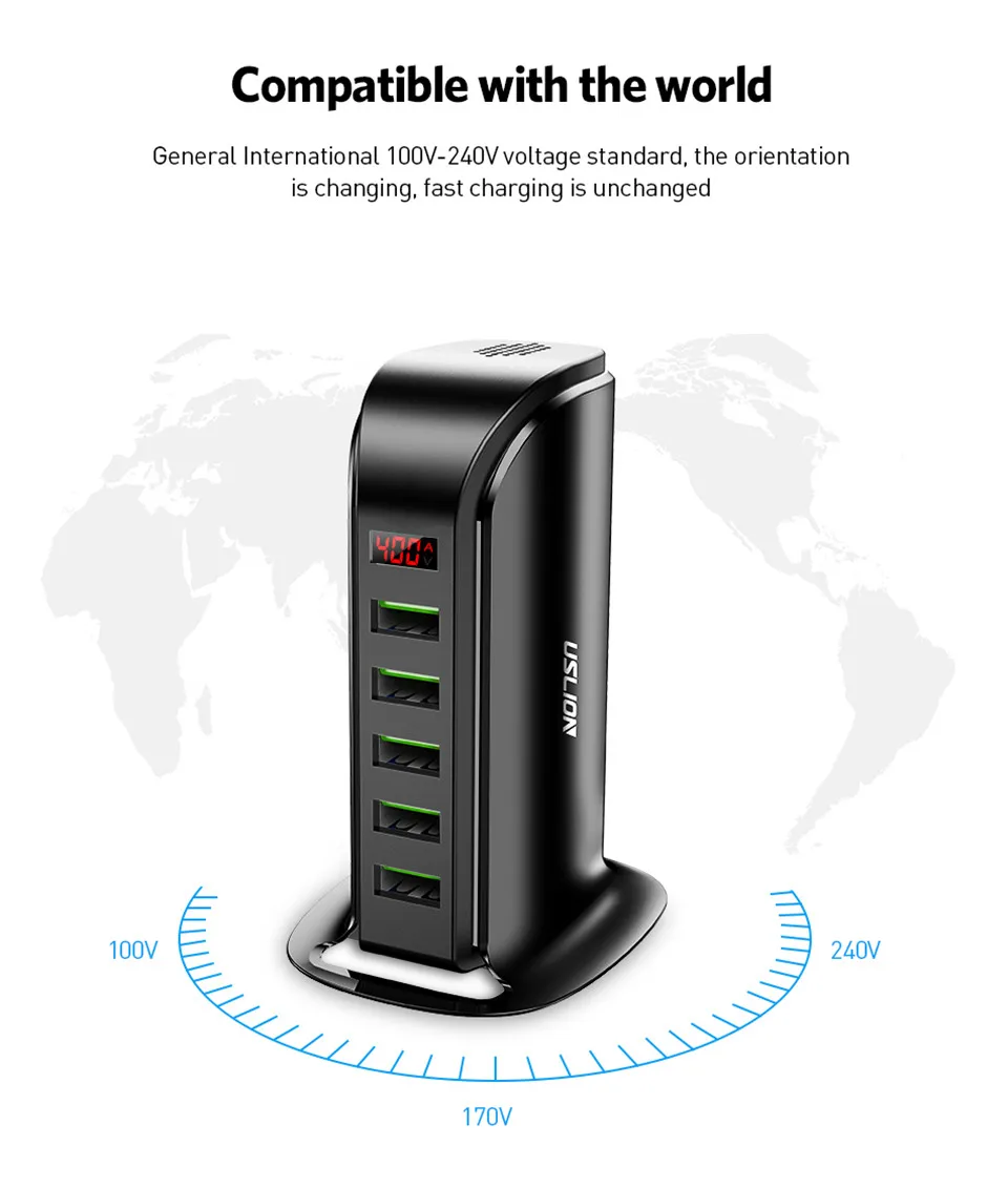 USLION 5 с несколькими usb-портами зарядное устройство концентратор для мобильного телефона ЕС Великобритания штекер светодиодный дисплей usb зарядка Настольная станция Док-станция зарядное устройство s