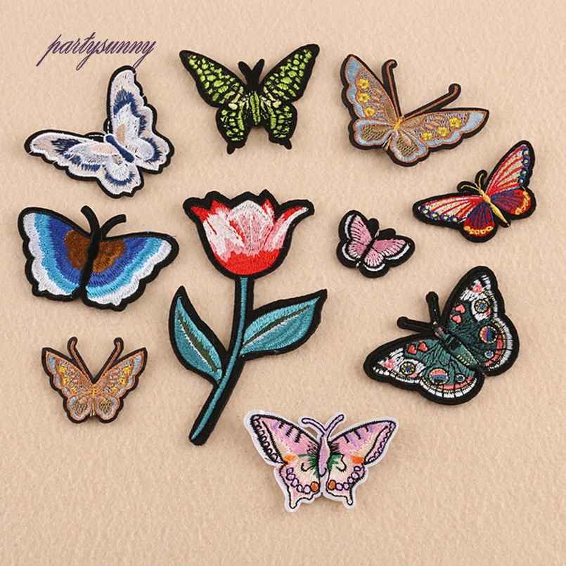 

PF 10pcs/lot Embroidery Patches Flower Butterfly Fabric Applique Iron on Patch Thermo-stickers Application for Clothes Bag TB210
