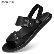 Новинка года; мужские сандалии; кожаные черные летние дышащие туфли на платформе; мужские повседневные модные пляжные сандалии; однотонная мужская обувь