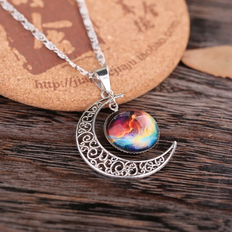 

New LNRRABC Star Sailor Moon Necklace Pendant Crescent Hollow Long Silver Chain Link Pendants Galactic Glass Sweater Necklace