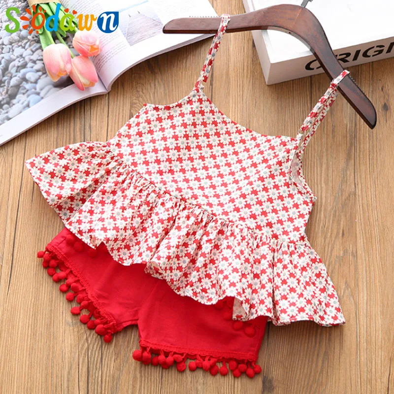 

Sodawn 2018 Summer NEW Girls Clothes Cute Ball Ball Cotton Flower Halter + Shorts Set Kids Clohting Fashion Baby Girls Clohtes