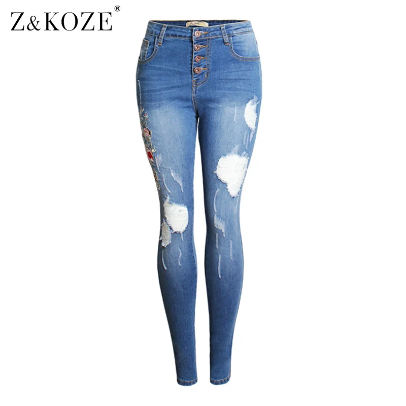

Z&KOZENew Button Fly Real Emboridery Ripped Jeans Woman Plus Size Stretchy Denim Skinny Pants Trousers For Women Hole Jeans