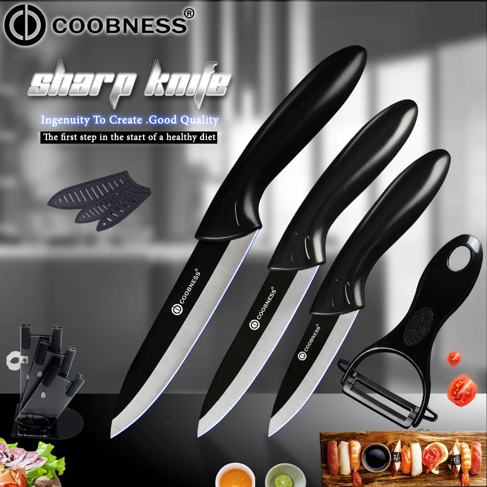 

COOBNESS Brand Non-Slip Handle Ceramic Knife Black 3, 4, 5 inch Fruit Utility Sllicing Kitchen Knife And Knife Holder Peeler