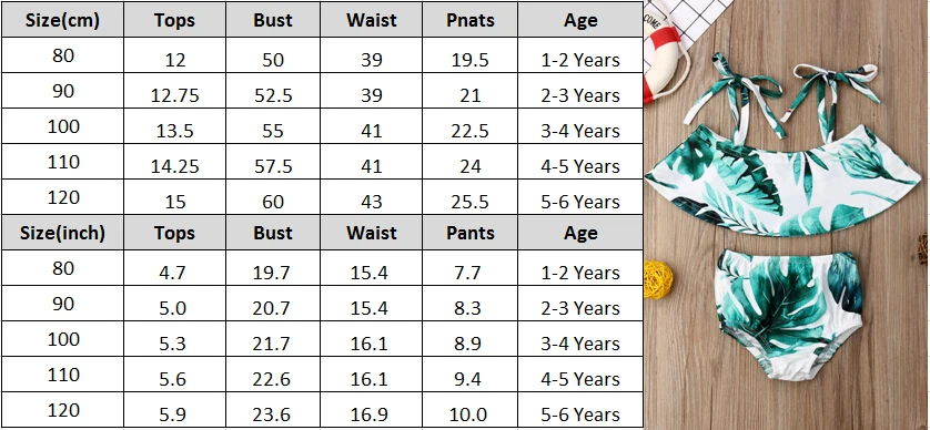 Купальный костюм из 2 предметов для маленьких девочек купальный костюм с зелеными листьями на завязках, пляжная одежда с завышенной талией, Детский комплект бикини, купальный костюм с оборками