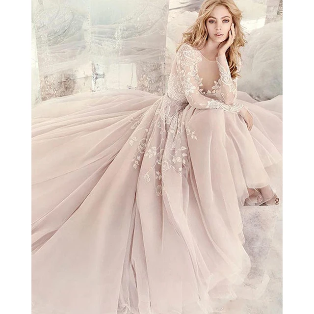 Long Sleeve A line Wedding Dresses Beaded Embroidered Scoop Neck 2017