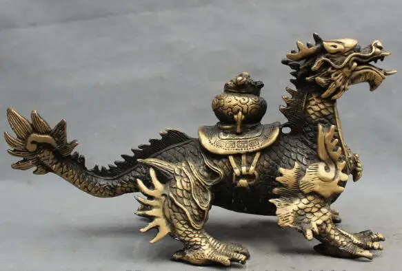 

S5345 13" Chinese Bronze Wealth Treasure Bowl On Guardian Dragon Kylin Statue Animals