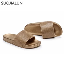 SUOJIALUN Woman Shoes Crystal Summer Beach Women Flip Flops Slides Sandals Women Slippers Shoes Gold Flat Slippers women beach flip flops slippers flat women causal shoes woman gold slipper slides crystal bling sandals female brand slippers