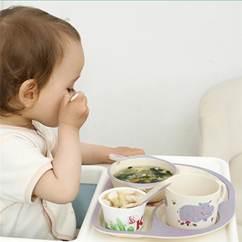 5 PCS Baby Bamboo Fiber Tableware Set Cartoon Bowl Environmentally