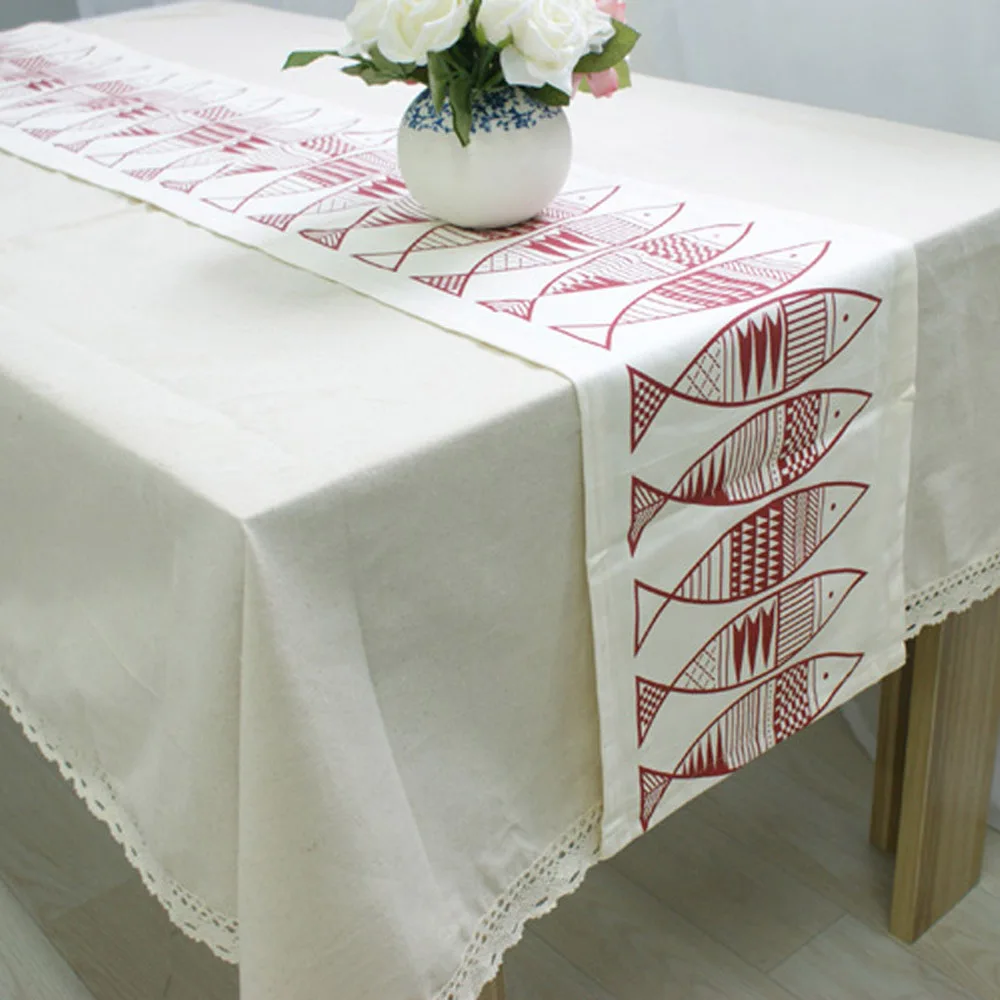 Hot Sale 30*180cm Big Red Fish Rectangle Linen Table Runner Single