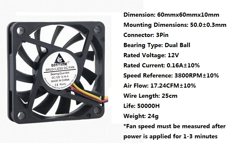 Gdstime 20 шт. 3Pin двойной шарикоподшипник DC 12 В 6 см 60x60x10 мм Бесщеточный охлаждения кулер вентилятор 60 мм x 10 мм 6010