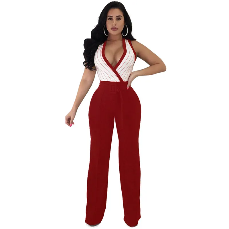 Autumn New Striped Print Sleeveless Wide leg Ladies Jumpsuit Tight-fitting Tie-up Trousers | Женская одежда