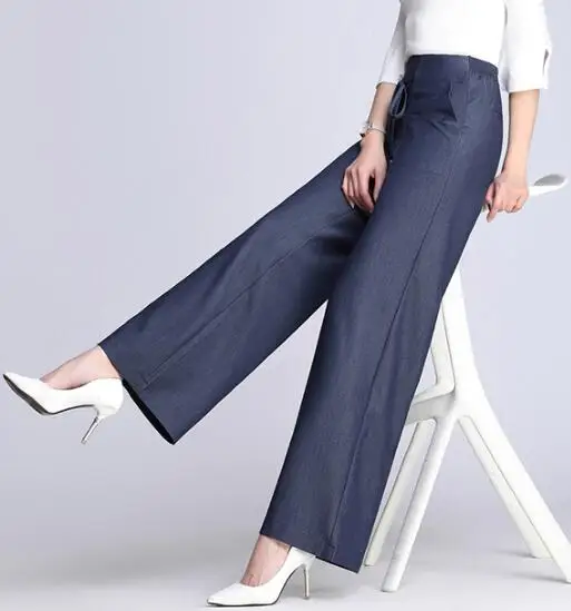 Джинсы из тенсельной ткани повседневные широкие брюки для женщин плюс размер с эластичным поясом синий Новая мода лето весна осень