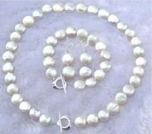 

shipping 11-12MM Natural White Coin Pearl Necklace Bracelet Earring Set BV126 (A0513)