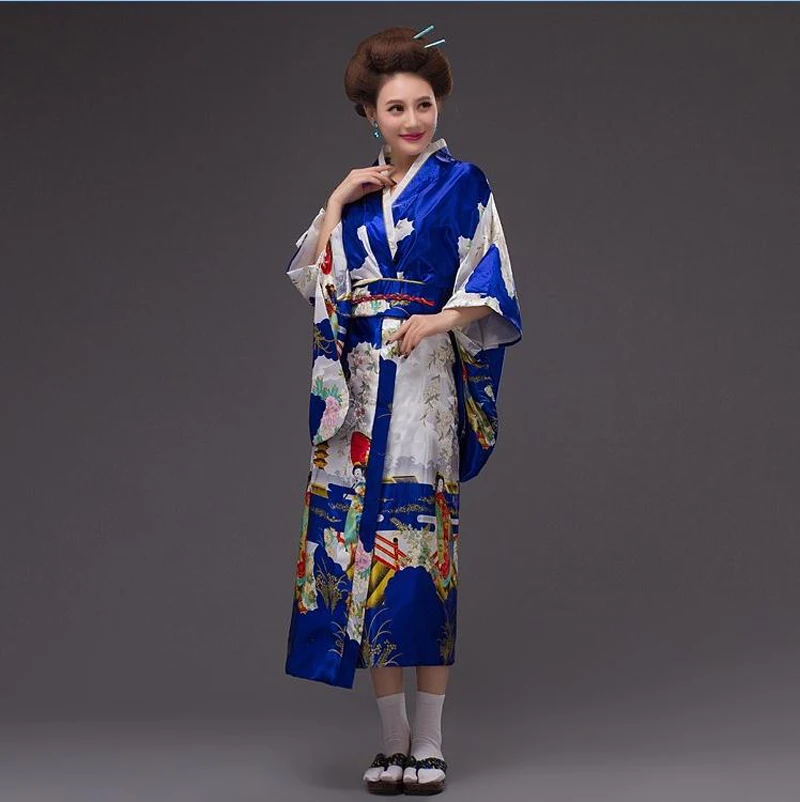 Синее традиционное японское женское шелковое атласное кимоно, винтажное вечернее платье юката с Obi, платье для танцев, один размер B-014