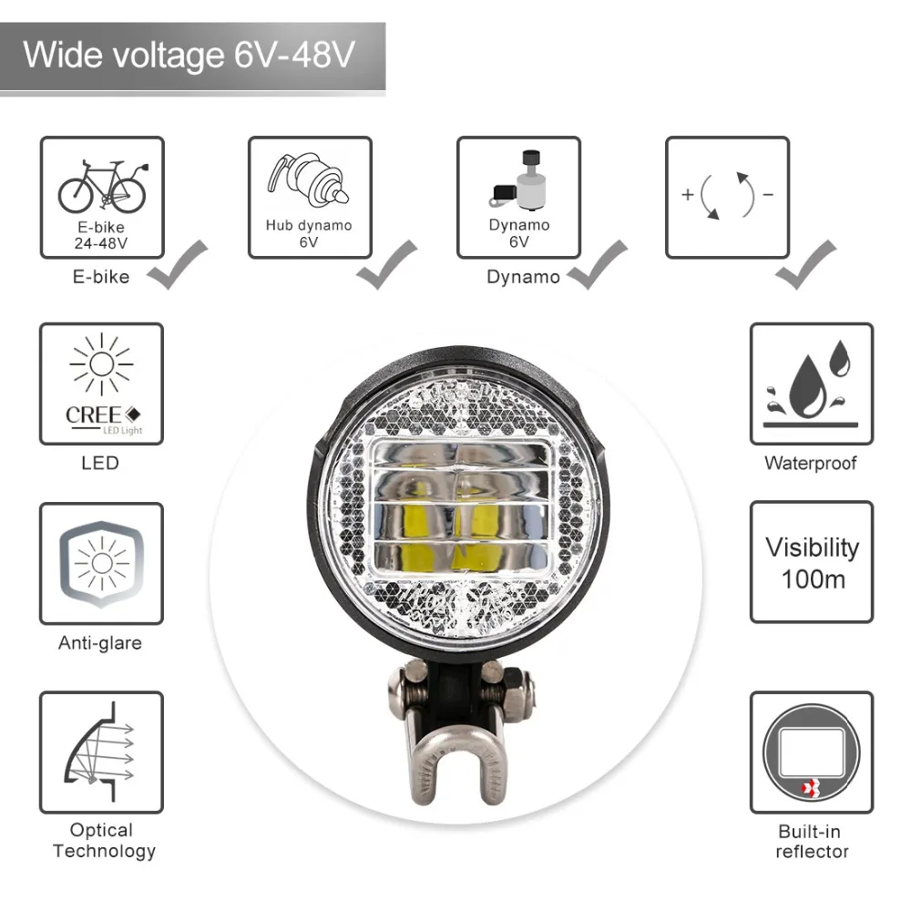 Linkbest головной светильник светодиодный велосипедный светильник StVZO, Cree светодиодный 40 люкс, Водонепроницаемый IPX-5, 6 V-48 V для ступицы Динамо и фара для электровелосипеда