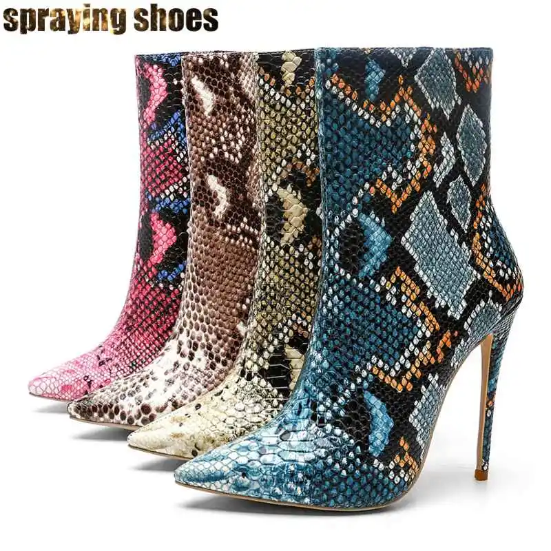 

Sexy Women Pointed Toe Snake Print Ankle Boots Stiletto High Heels Pumps Fashion Ladies Shoes Winter Boots Plus Size Woman