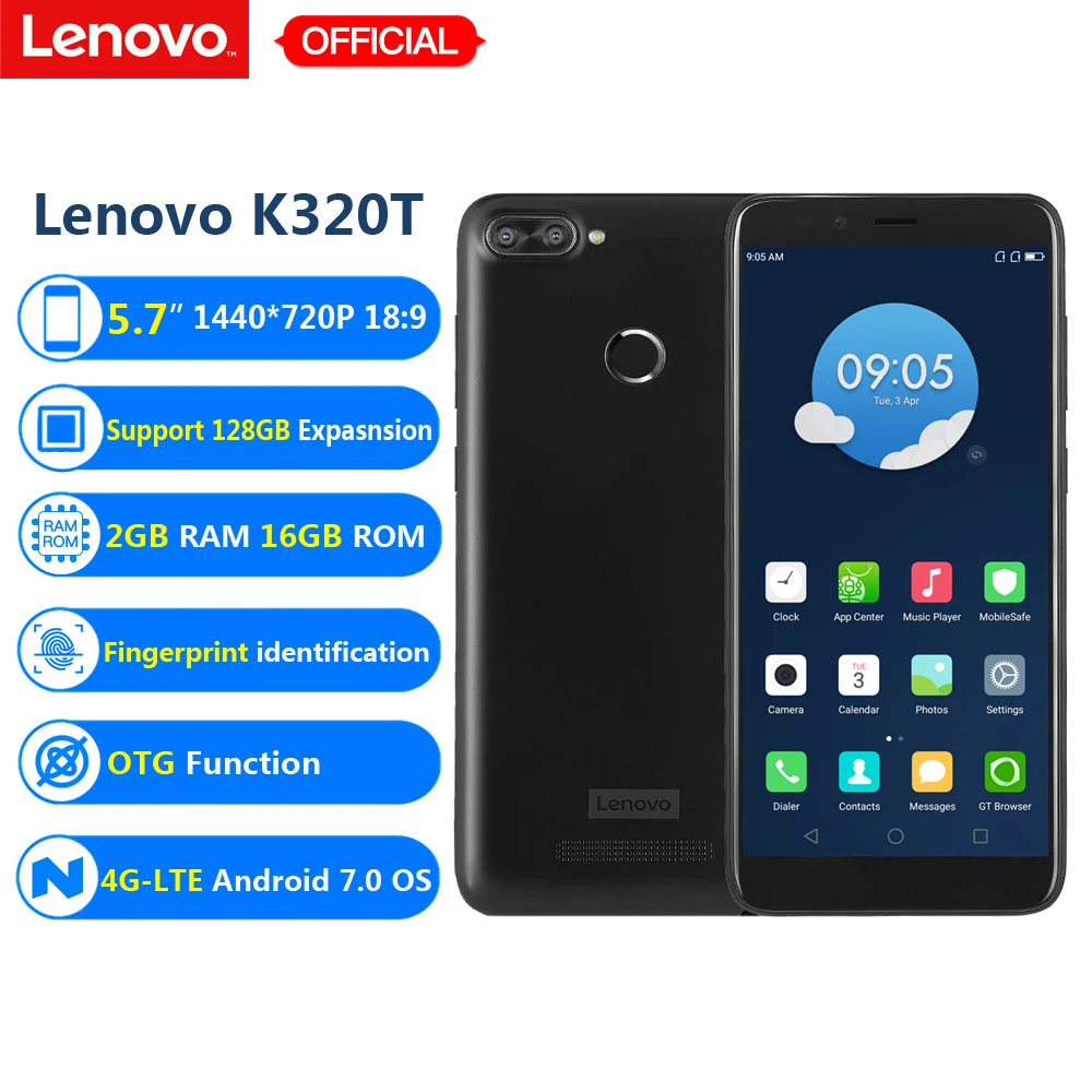 Original Lenovo K320t Mobile Phone 5.7 inch Full Screen Android 7.0 4G LTE Smartphone 2GB RAM 16GB ROM 8MP Fingerprint 3000mAh