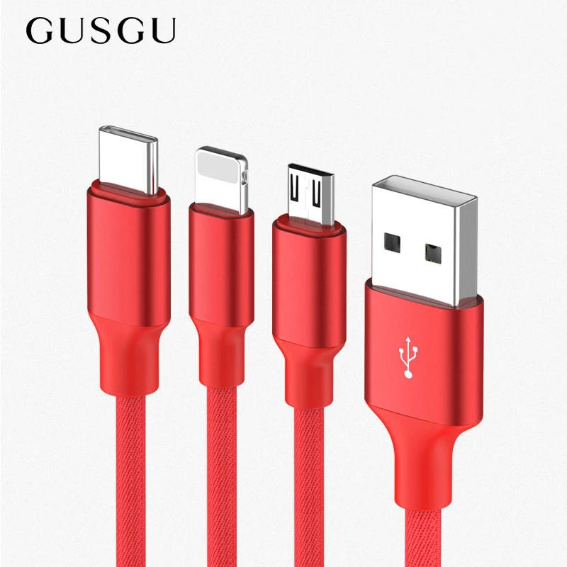 GUSGU النايلون USB كابل 3 في 1 ل فون X 5 6 7 8 زائد الهاتف المحمول الكابلات نوع C مايكرو USB كابل الروبوت الهاتف شاحن كابل