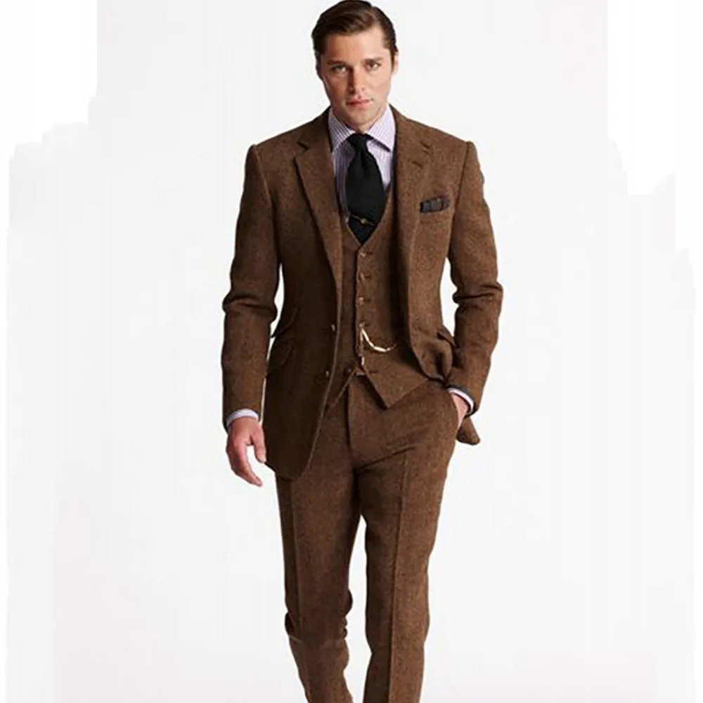 Новейший дизайн коричневый твидовый костюм мужские свадебные костюмы жених смокинг 3 шт. формальный мужской костюм Ternos Masculio куртка+ брюки+ жилет