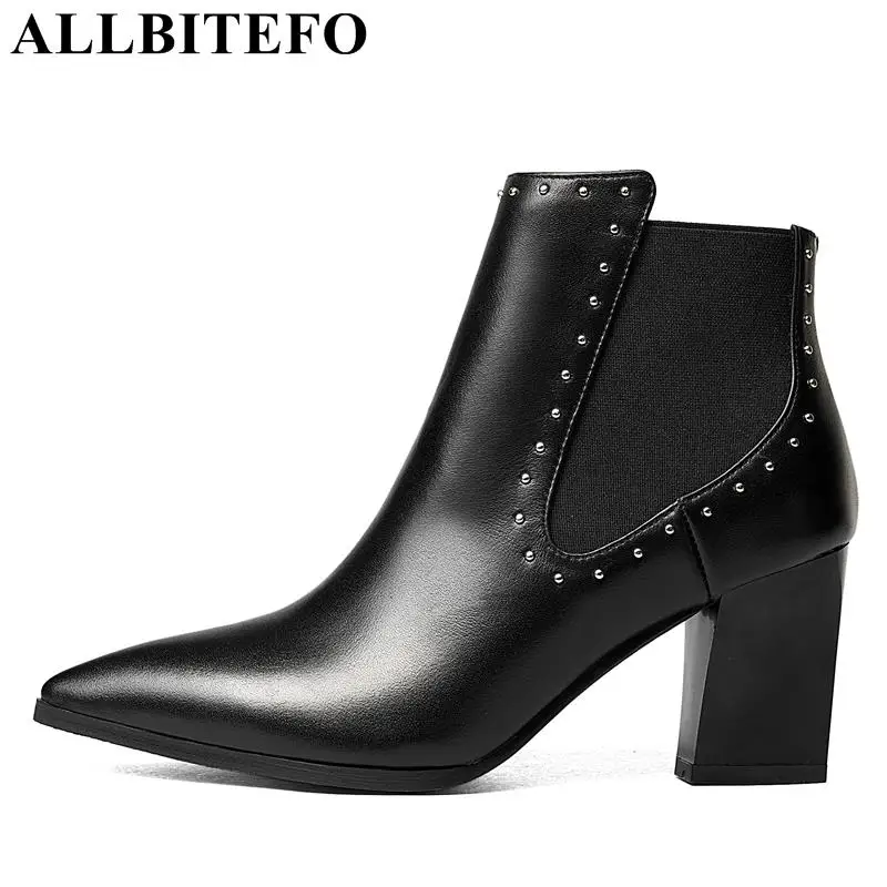 

ALLBITEFO genuine leather pointed toe thick heel women boots fashion rivets women high heel shoes ankle boots ladies boots