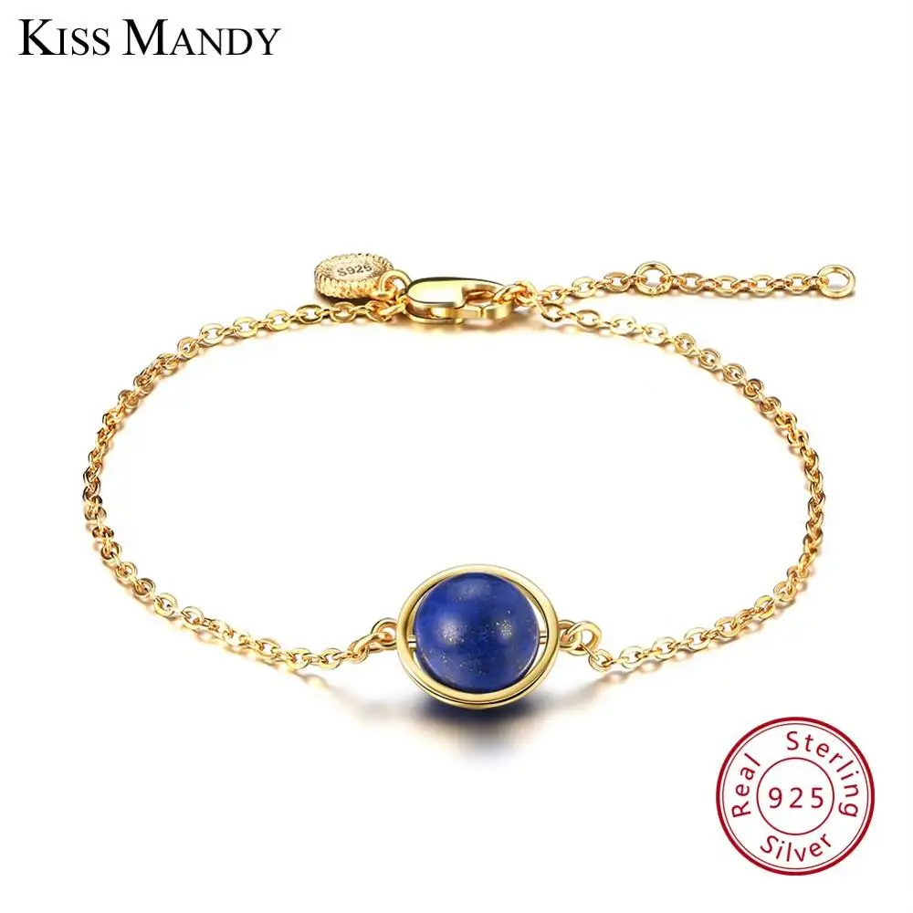 KISS MANDY, настоящее 925 пробы, серебряные женские браслеты, 4 серебряный с натуральным камнем и золотым цветом, Модные женские ювелирные изделия KSB21 - Окраска металла: Gold Lapis Lazuli