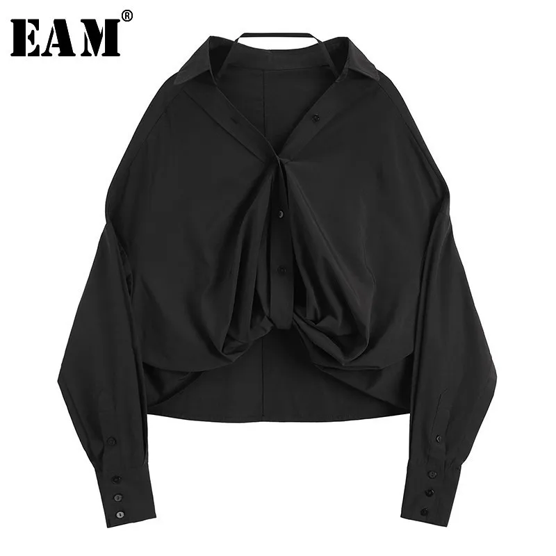 

[EAM]2019 New Autumn Winter V-collar Long Sleeve Brief Black big size Irregular Hem Split Joint Shirt Women Blouse Fashion JL746