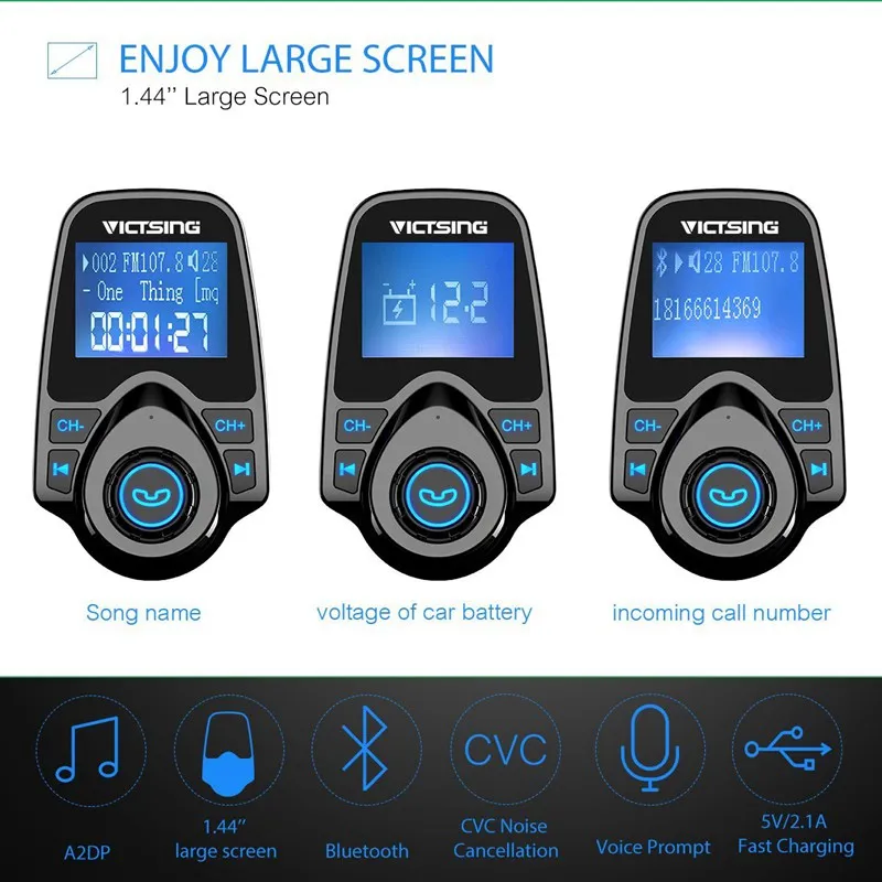 VicTsing Bluetooth FM Transmitter Wireless Car Radio Adapter MP3 Player FM Modulator with Car Charger Hands-free Talking Car Kit (7)