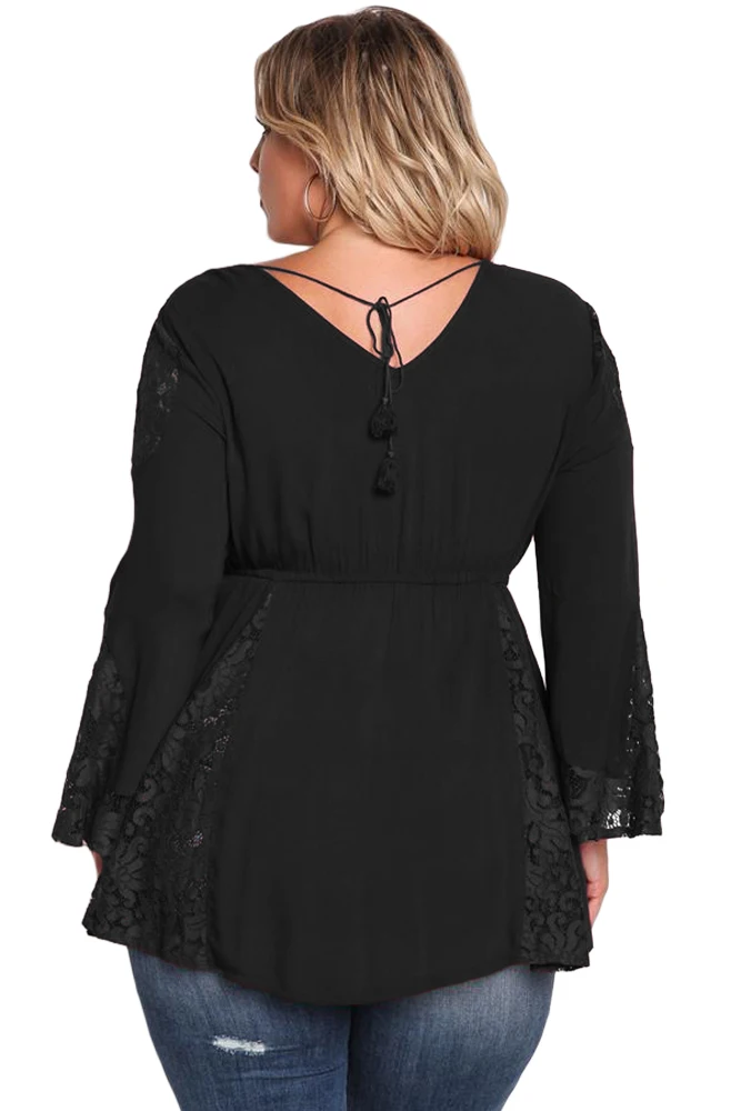 Black-V-Neck-Lace-Insert-Bell-Sleeves-Babydoll-Plus-Top-LC250871-2-2