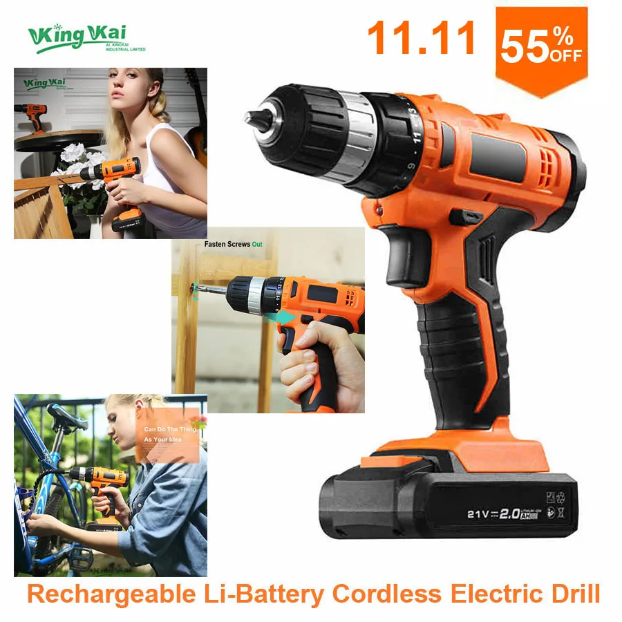 

12V 16.8V 21V Cordless Electric Drill Waterproof Rechargeable Lithium Battery Multifunctional Dremel With Fittings